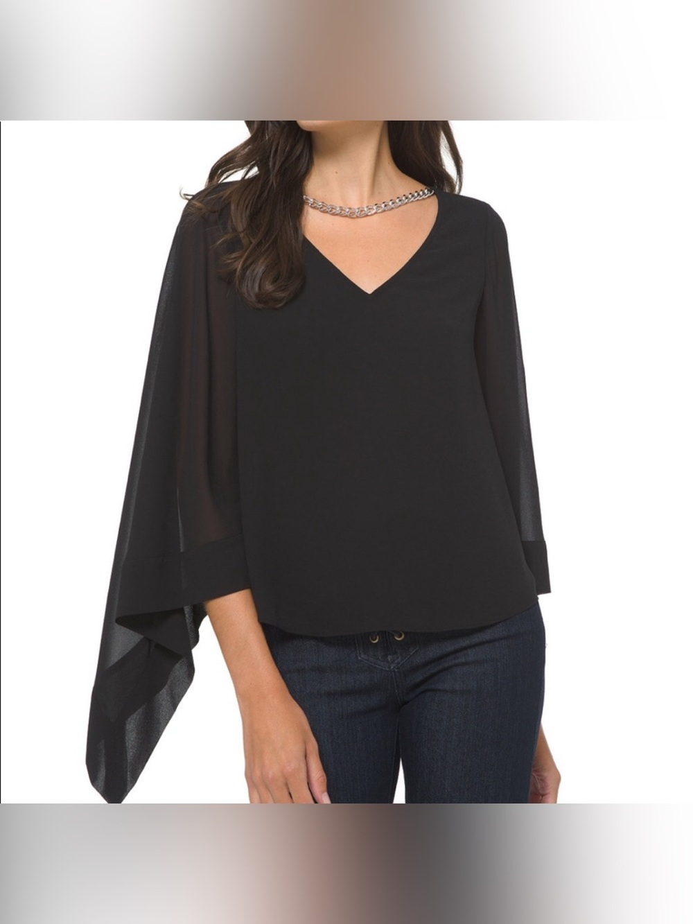 Michael Kors Black V-Neck Blouse with Sheer Draped Sleeves Chain accent Medium